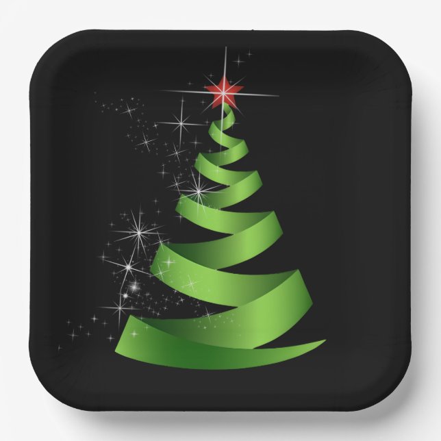 Sparkling Green Ribbon Christmas Tree Paper Plate (Front)