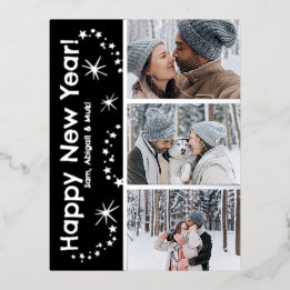 Sparkling Happy New Year Fireworks 3 Photo Foil Holiday Postcard