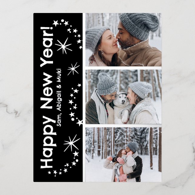 Sparkling Happy New Year Fireworks 3 Photo Foil Holiday Postcard (Front)