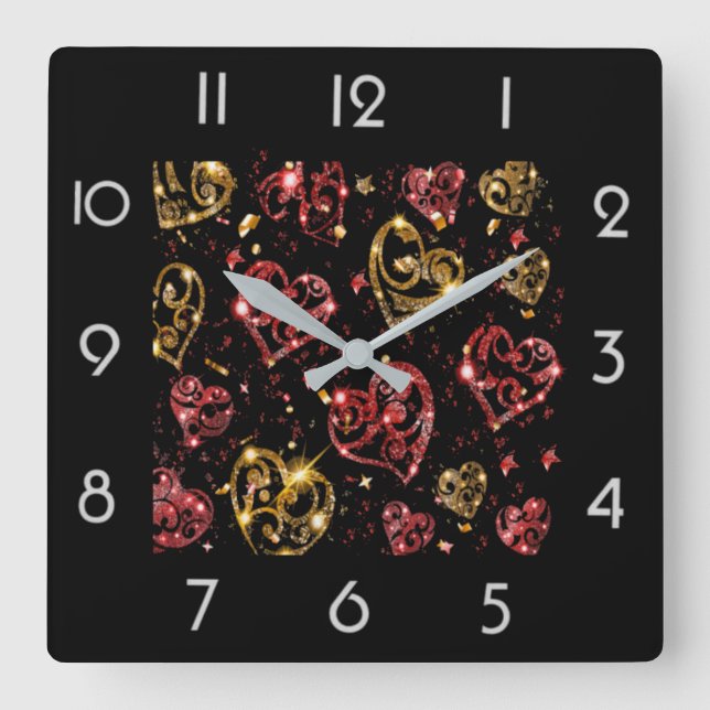 Sparkling hearts square wall clock (Front)