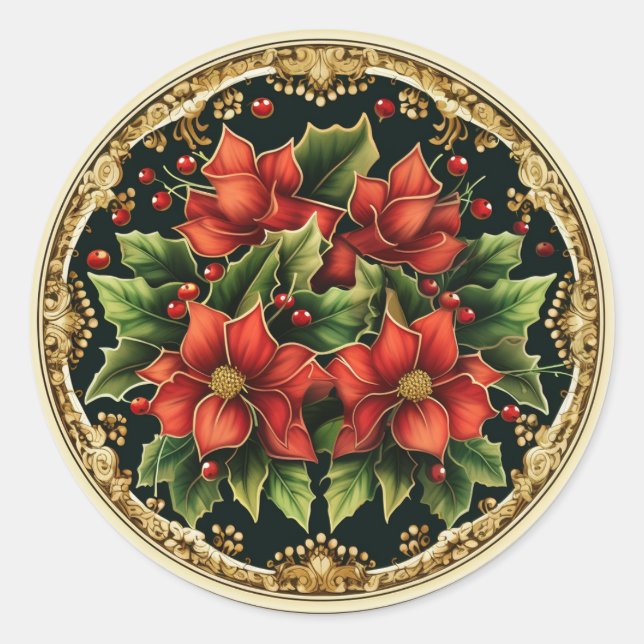 Sparkling Holly and Ivy Poinsettia Classic Round Sticker (Front)