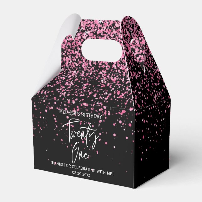 Sparkling Hot Pink Glitter Black 21st Birthday Favor Box (Front Side)