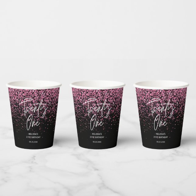 Sparkling Hot Pink Glitter Black 21st Birthday  Paper Cups (Multi)