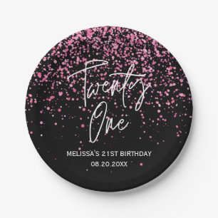 Sparkling Hot Pink Glitter Black 21st Birthday Paper Plate