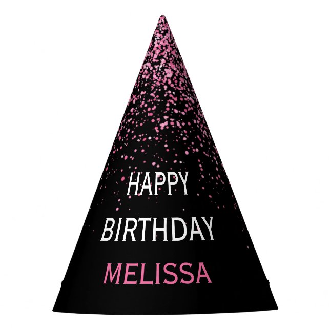 Sparkling Hot Pink Glitter Black 21st Birthday Party Hat (Front)