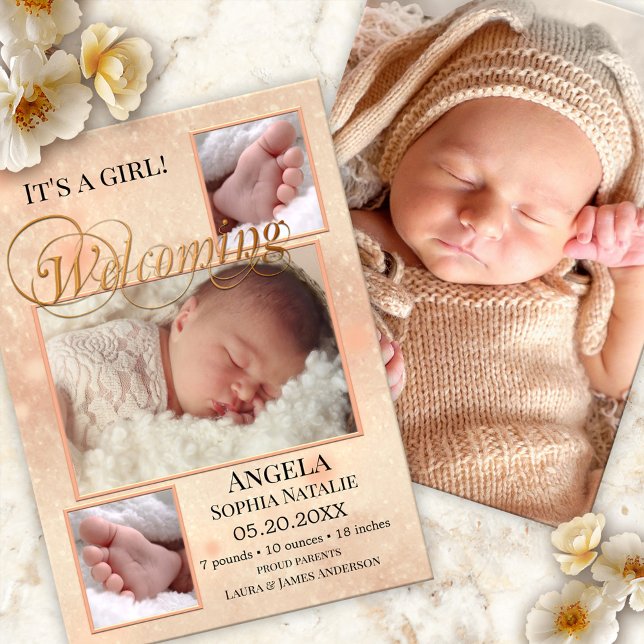 Sparkling Lights Baby Girl Birth Announcement Card (Baby birth announcement card with your photos on a sparkling peach design with script text)