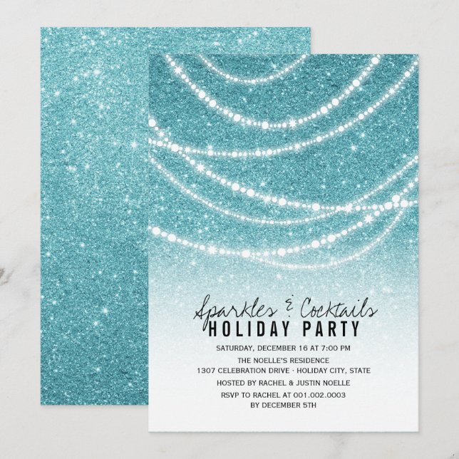 Sparkling Lights Blue Glitter Holiday Party Invite (Front/Back)