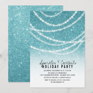 Sparkling Lights Blue Glitter Holiday Party Invite