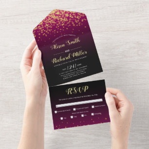 Sparkling lights burgundy winter night wedding all in one invitation