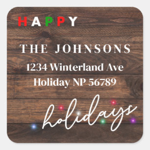 Sparkling Lights Dark Wood Square Address Label