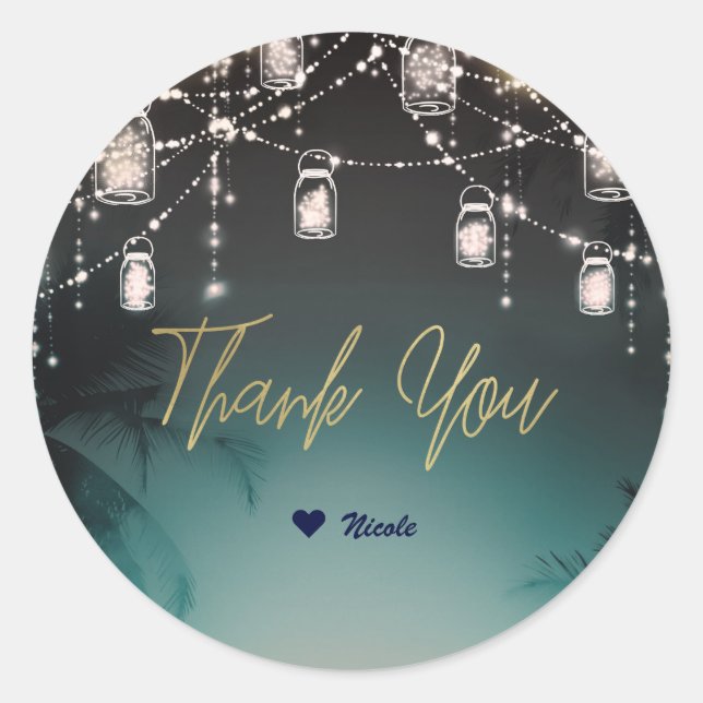 Sparkling Lights Palm Trees Elegant Beach Wedding Classic Round Sticker (Front)