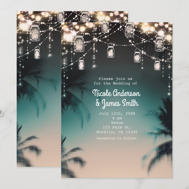 Sparkling Lights Palm Trees Elegant Beach Wedding Invitation (Front/Back)