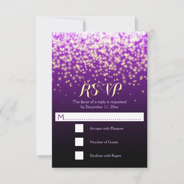 Sparkling lights purple wedding RSVP Card (Front)