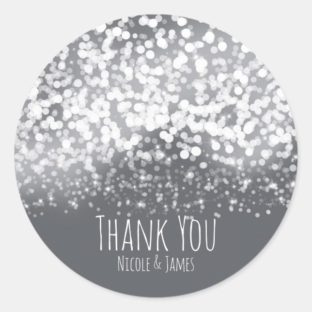 Sparkling Lights Romantic Grey Modern Wedding Classic Round Sticker (Front)