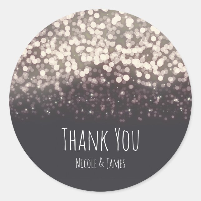 Sparkling Lights Romantic Grey Modern Wedding Classic Round Sticker (Front)