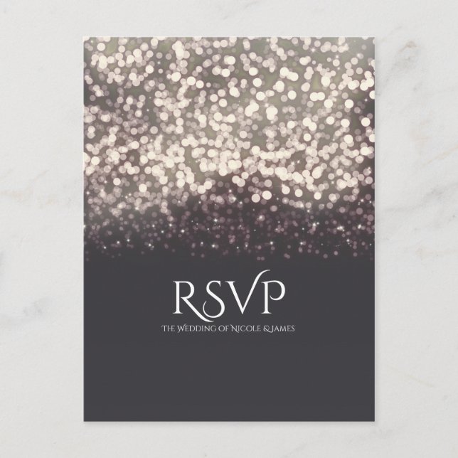 Sparkling Lights Romantic Grey Modern Wedding RSVP Invitation Postcard (Front)