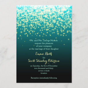 Sparkling lights teal blue and aqua wedding invitation