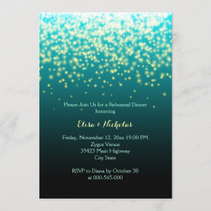 Sparkling lights teal wedding rehearsal dinner invitation