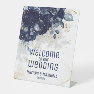 Sparkling Navy Blue Welcome To Our Wedding Pedestal Sign