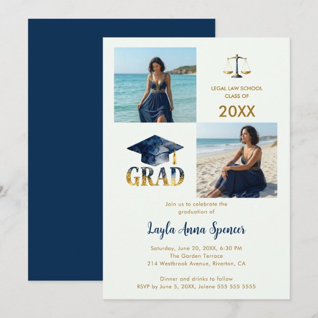 Sparkling Navy Gold Law Graduation 2-Photo Invitation (Front/Back)