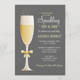 Sparkling New Baby  Sip and See in Grey   Yellow Invitation