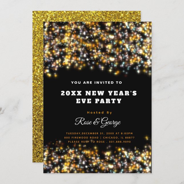 Sparkling New Year's Eve Party 20XX Gold Glitter Invitation (Front/Back)