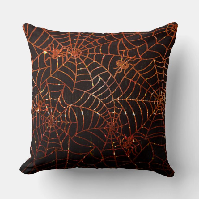 Sparkling Orange Spider Webs Throw Pillow (Front)