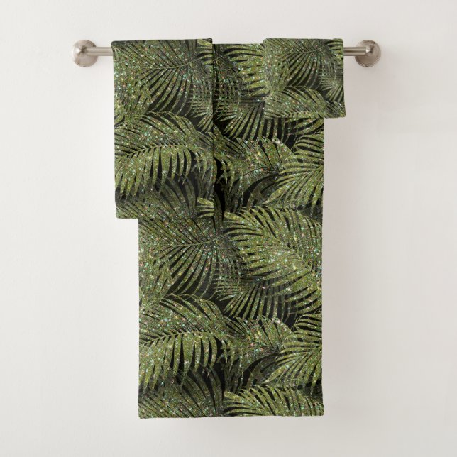Sparkling Palm Leaves Pattern Green ID831 Bath Towel Set (Insitu)