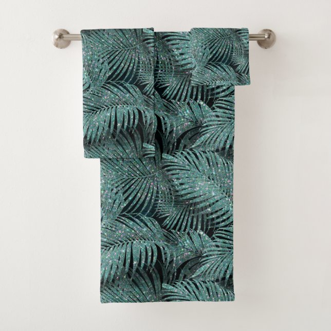Sparkling Palm Leaves Pattern Teal ID831 Bath Towel Set (Insitu)