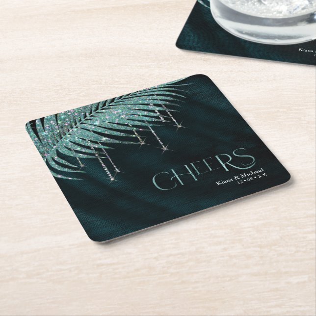 Sparkling Palm Leaves Wedding Cheers Teal ID830 Square Paper Coaster (Angled)