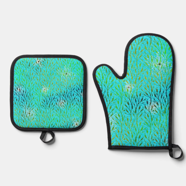 Sparkling Party Pattern with Fireworks in Aqua  Oven Mitt & Pot Holder Set (Front)