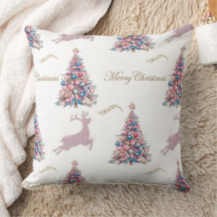 Sparkling Pastel Christmas Trees and Reindeer  Throw Pillow