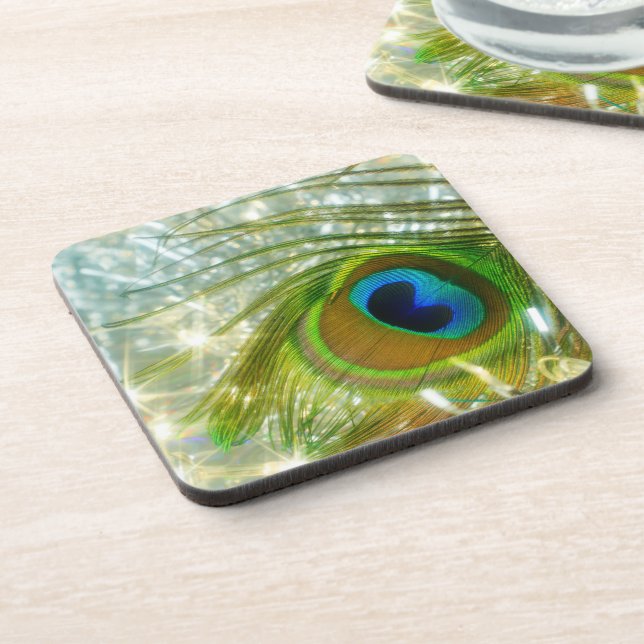 Sparkling Peacock Feather Cork Coaster (Left Side)
