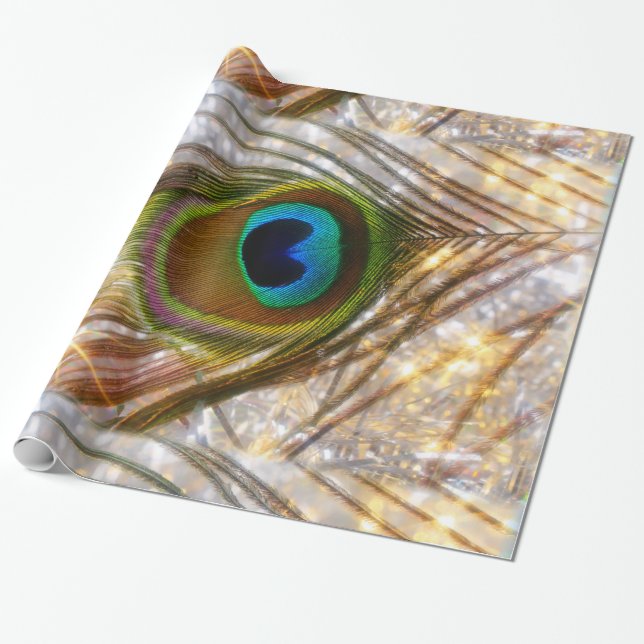 Sparkling Peacock Feather Wrapping Paper (Unrolled)
