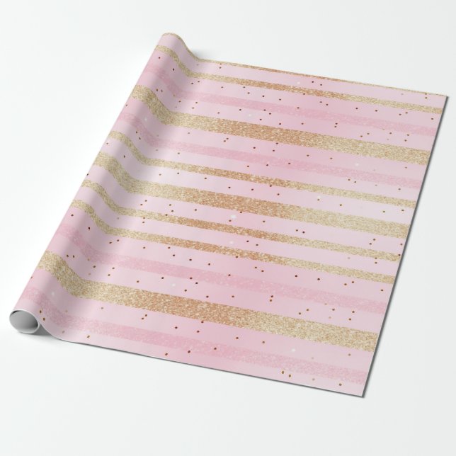 Sparkling Pink and Gold Stripes Wrapping Paper (Unrolled)