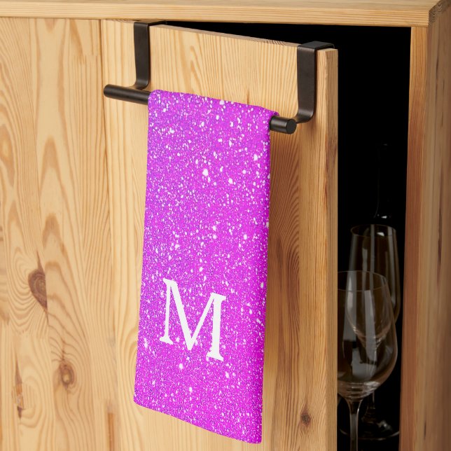 Sparkling Pink Glitter Ombre Monogram Initial Cute Kitchen Towel (Thirds Fold)