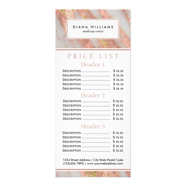 Sparkling Pink Marble Abstract Price List Rack Card (Front)
