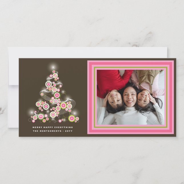 Sparkling Pink Retro Circles Christmas Tree Photo Holiday Card (Front)