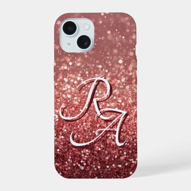 Sparkling Pink Rose Glitter with Custom Initials iPhone 15 Case (Back)