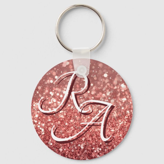 Sparkling Pink Rose Glitter with Custom Initials Keychain (Front)