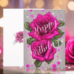 Sparkling Pink Roses on Silvery Grey Birthday Card<br><div class="desc">Celebrate in style with our exquisite birthday card adorned with two stunning, sparkling pink roses against a luxurious silvery grey backdrop. The front's artistic rose sets the tone for elegance and joy. Inside you will find a customizable message with delicate roses and silvery leaves on the side. The back features...</div>