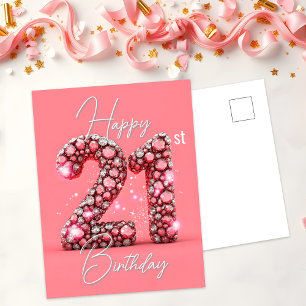 Sparkling Pink & Silver Gemstone 21st Birthday Postcard