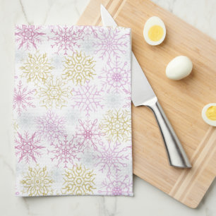 Sparkling Pink Snowflakes Kitchen Towel