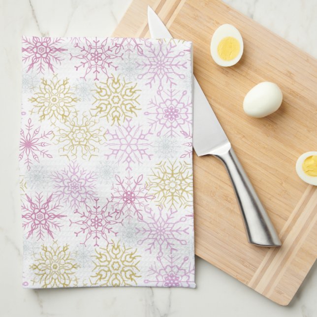 Sparkling Pink Snowflakes Kitchen Towel (Quarter Fold)