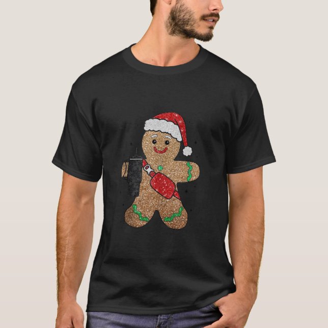 Sparkling Print Red Santa Gingerbread Man Merry Ch T-Shirt (Front)