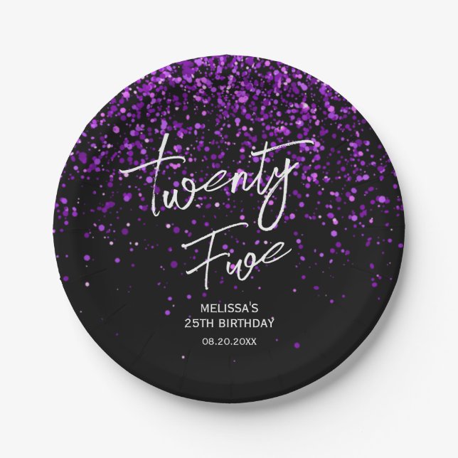 Sparkling Purple Glitter Black Any Age Birthday Paper Plate (Front)