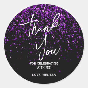 Sparkling Purple Glitter Black Birthday Thank You Classic Round Sticker