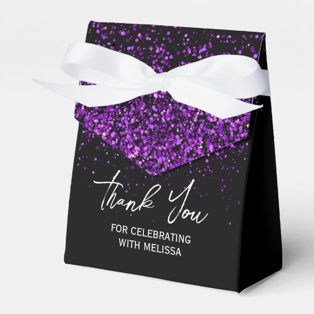Sparkling Purple Glitter Black Birthday Thank You Favor Box (Front Side)
