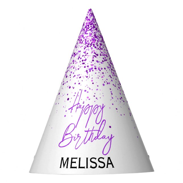 Sparkling Purple Glitter White Any Age Birthday Party Hat (Front)