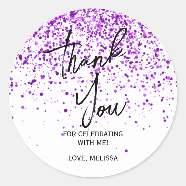 Sparkling Purple Glitter White Birthday Thank You Classic Round Sticker (Front)